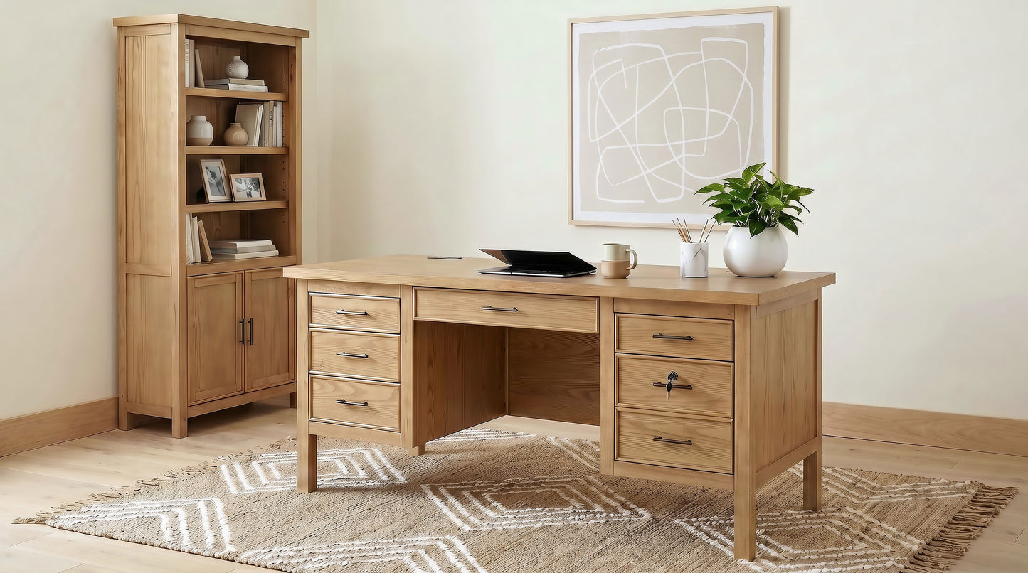 Vermes 66-Inch Transitional Computer Desk with 7 Drawers & Power Outlets – Light Ash (Fully Assembled)