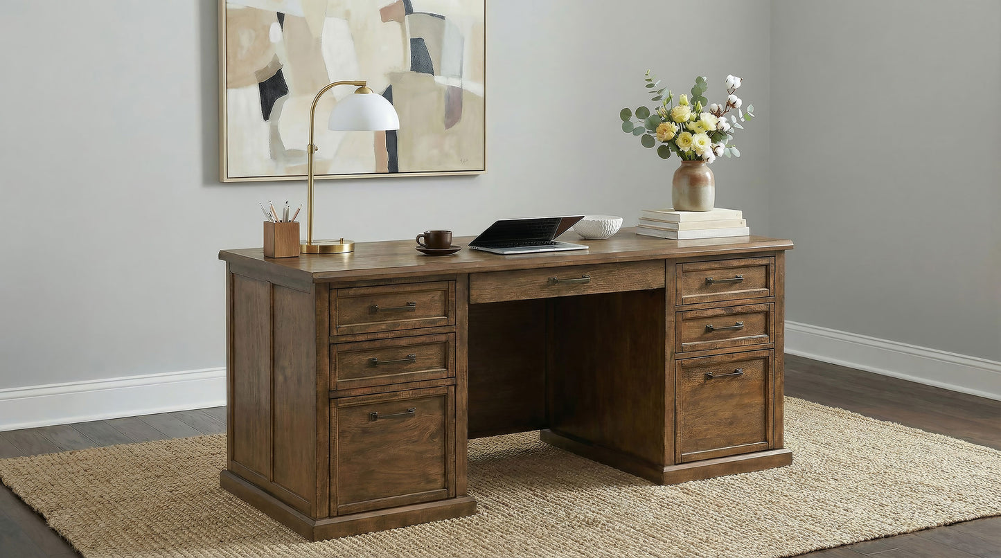 Altidore 68-Inch Traditional Executive Home Office Desk with 7 Drawers, Power Outlets & Locking Files – Distressed Brown (Fully Assembled)