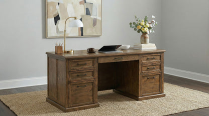 Altidore 68-Inch Traditional Executive Home Office Desk with 7 Drawers, Power Outlets & Locking Files – Distressed Brown (Fully Assembled)
