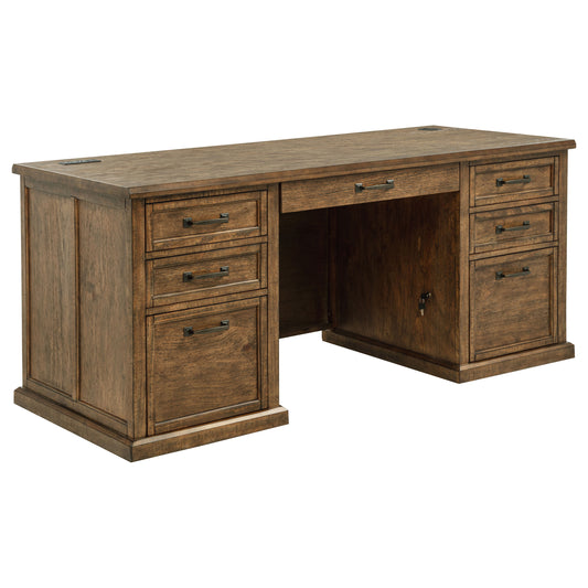 Altidore 68-Inch Traditional Executive Home Office Desk with 7 Drawers, Power Outlets & Locking Files – Distressed Brown (Fully Assembled)