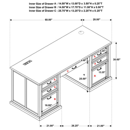 Altidore 68-Inch Traditional Executive Home Office Desk with 7 Drawers, Power Outlets & Locking Files – Distressed Brown (Fully Assembled)