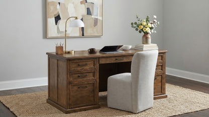 Altidore 68-Inch Traditional Executive Home Office Desk with 7 Drawers, Power Outlets & Locking Files – Distressed Brown (Fully Assembled)