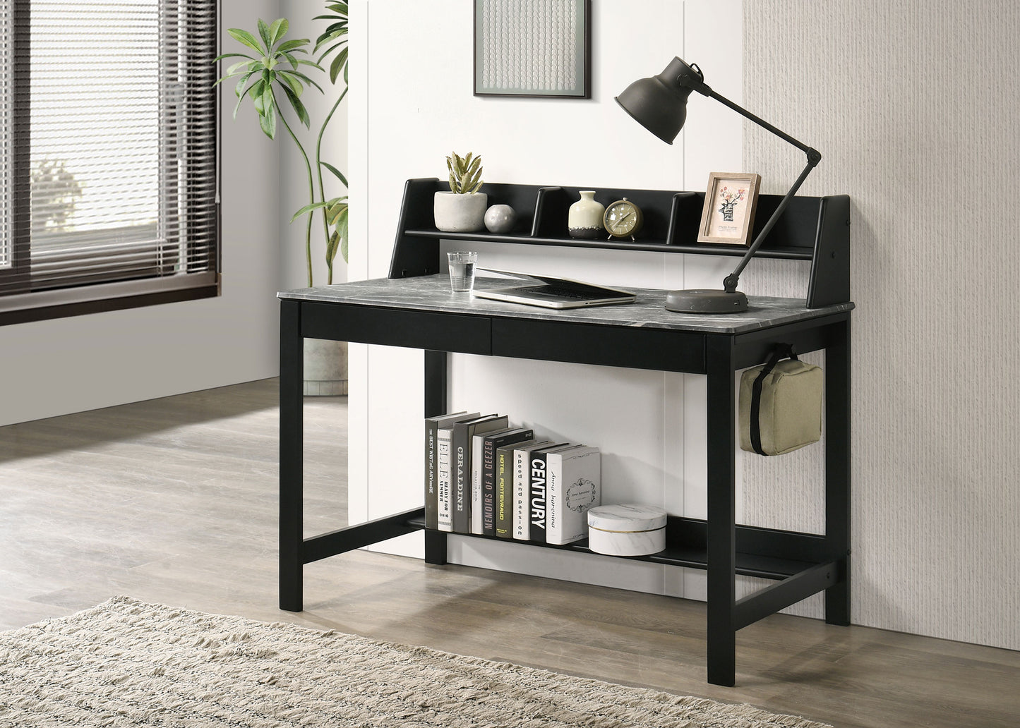 Besler 47-Inch Transitional SmartTop Writing Desk with 2 Drawers & Shelves – Cement & Natural or Grey Stone & Black