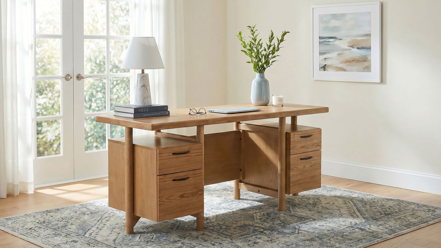 Roldan 69-Inch Transitional 4-Drawer Double Pedestal Computer Desk – Light Ash