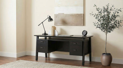Goodson 64-Inch Transitional 4-Drawer Double Pedestal Computer Desk – Distressed Light Brown or Black
