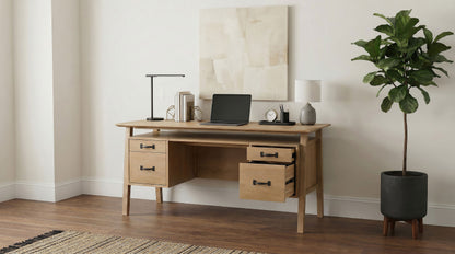 Goodson 64-Inch Transitional 4-Drawer Double Pedestal Computer Desk – Distressed Light Brown or Black