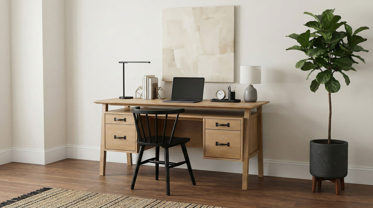 Goodson 64-Inch Transitional 4-Drawer Double Pedestal Computer Desk – Distressed Light Brown or Black