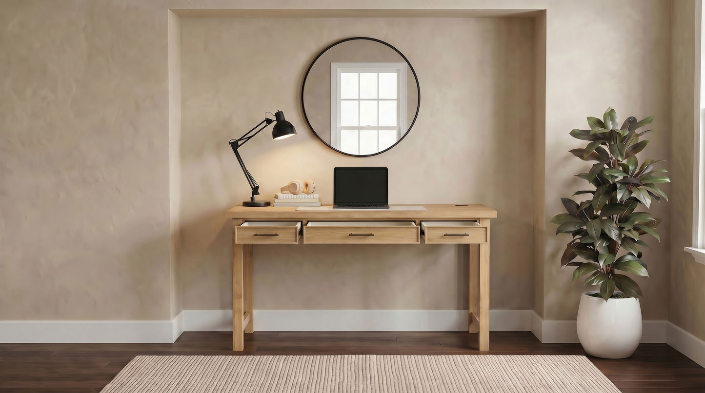 Vermes 55-Inch Transitional Writing Desk with 3 Drawers & Power Outlets – Light Ash