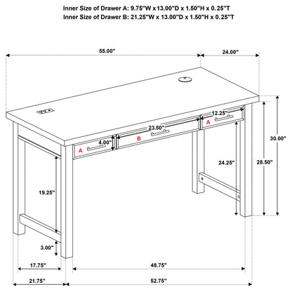 Vermes 55-Inch Transitional Writing Desk with 3 Drawers & Power Outlets – Light Ash