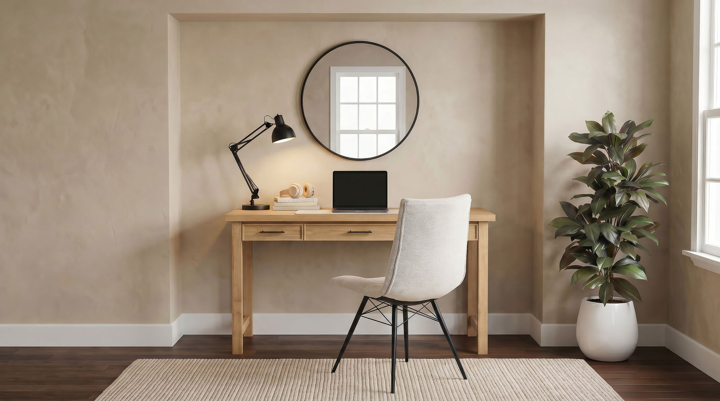 Vermes 55-Inch Transitional Writing Desk with 3 Drawers & Power Outlets – Light Ash