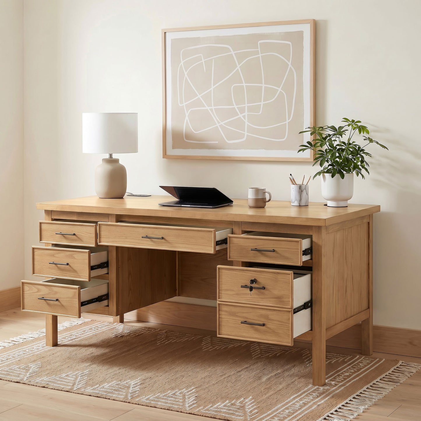 Vermes 66-Inch Transitional Computer Desk with 7 Drawers & Power Outlets – Light Ash (Fully Assembled)