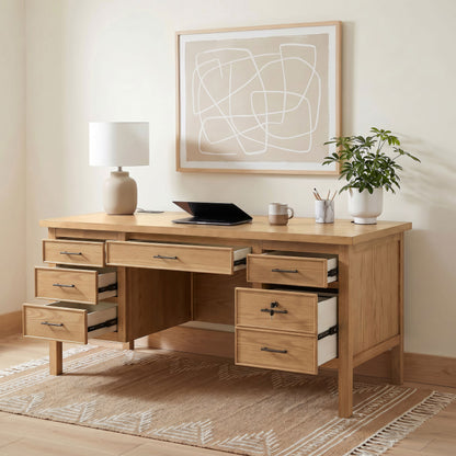 Vermes 66-Inch Transitional Computer Desk with 7 Drawers & Power Outlets – Light Ash (Fully Assembled)