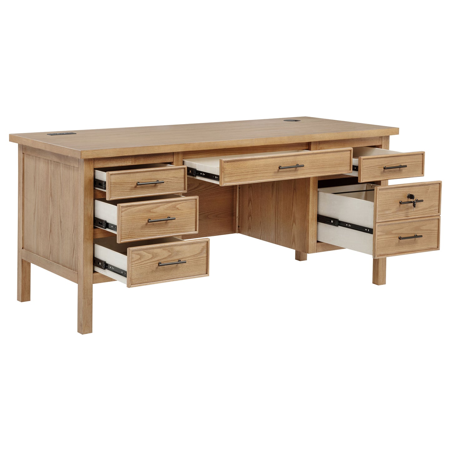 Vermes 66-Inch Transitional Computer Desk with 7 Drawers & Power Outlets – Light Ash (Fully Assembled)