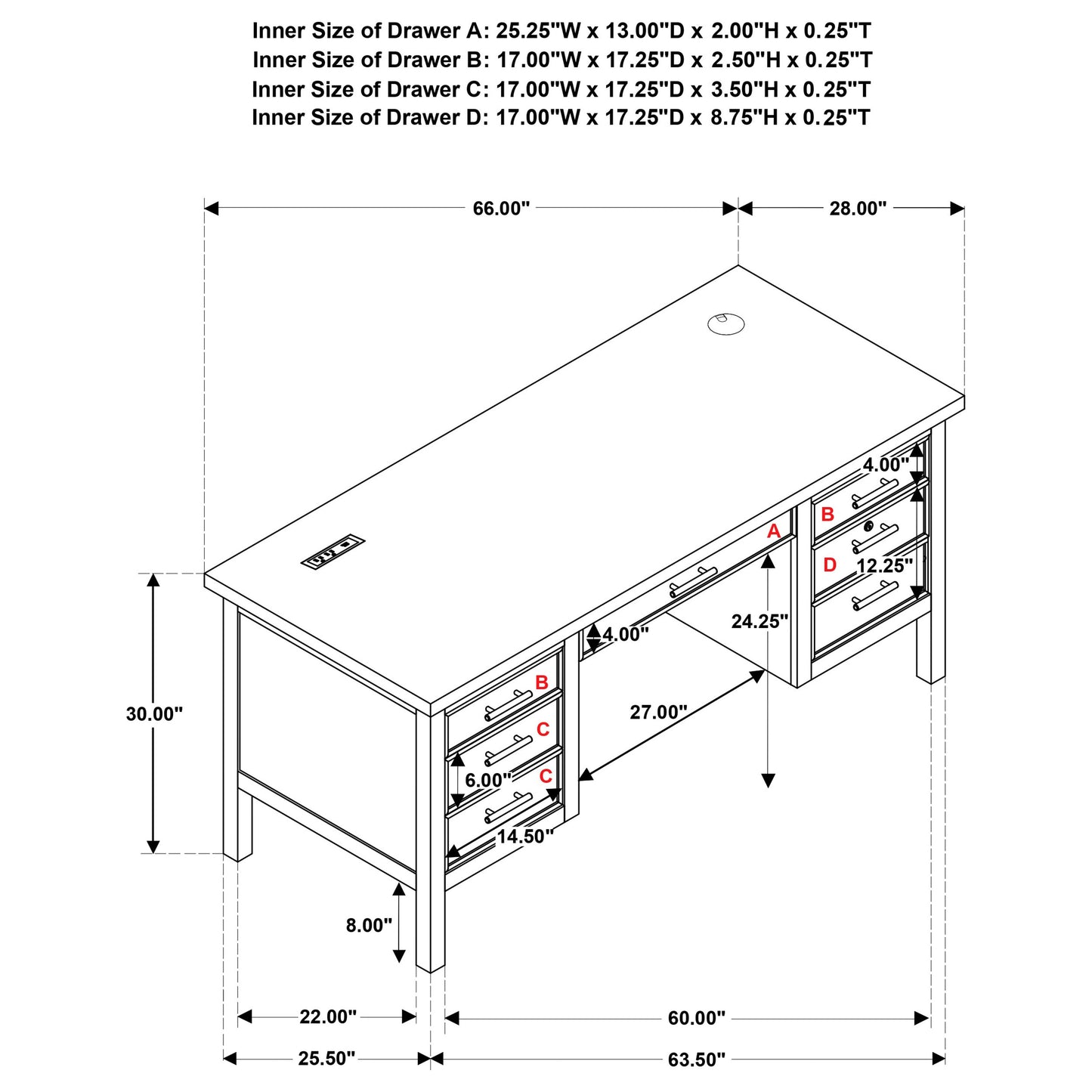 Vermes 66-Inch Transitional Computer Desk with 7 Drawers & Power Outlets – Light Ash (Fully Assembled)