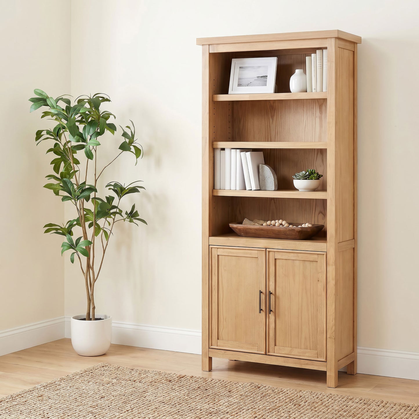 Vermes 34-Inch Transitional Bookcase Cabinet with 2 Doors & 3 Open Shelves – Light Ash
