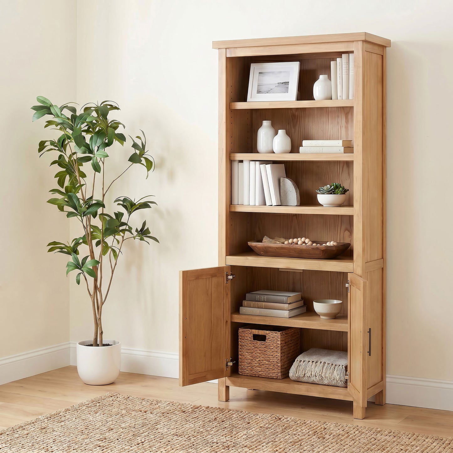 Vermes 34-Inch Transitional Bookcase Cabinet with 2 Doors & 3 Open Shelves – Light Ash