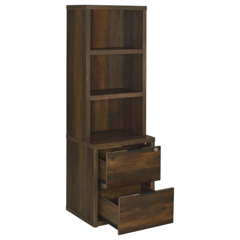 Coaster Westpark Dark Pine bookcase with drawers open