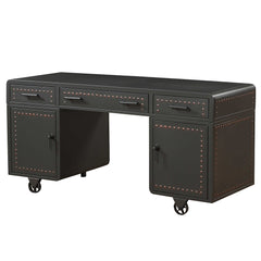 Actaki Executive Writing Desk – Sandy Gray Industrial Executive Desk with Drawers, Doors, and Decorative Caster Wheels