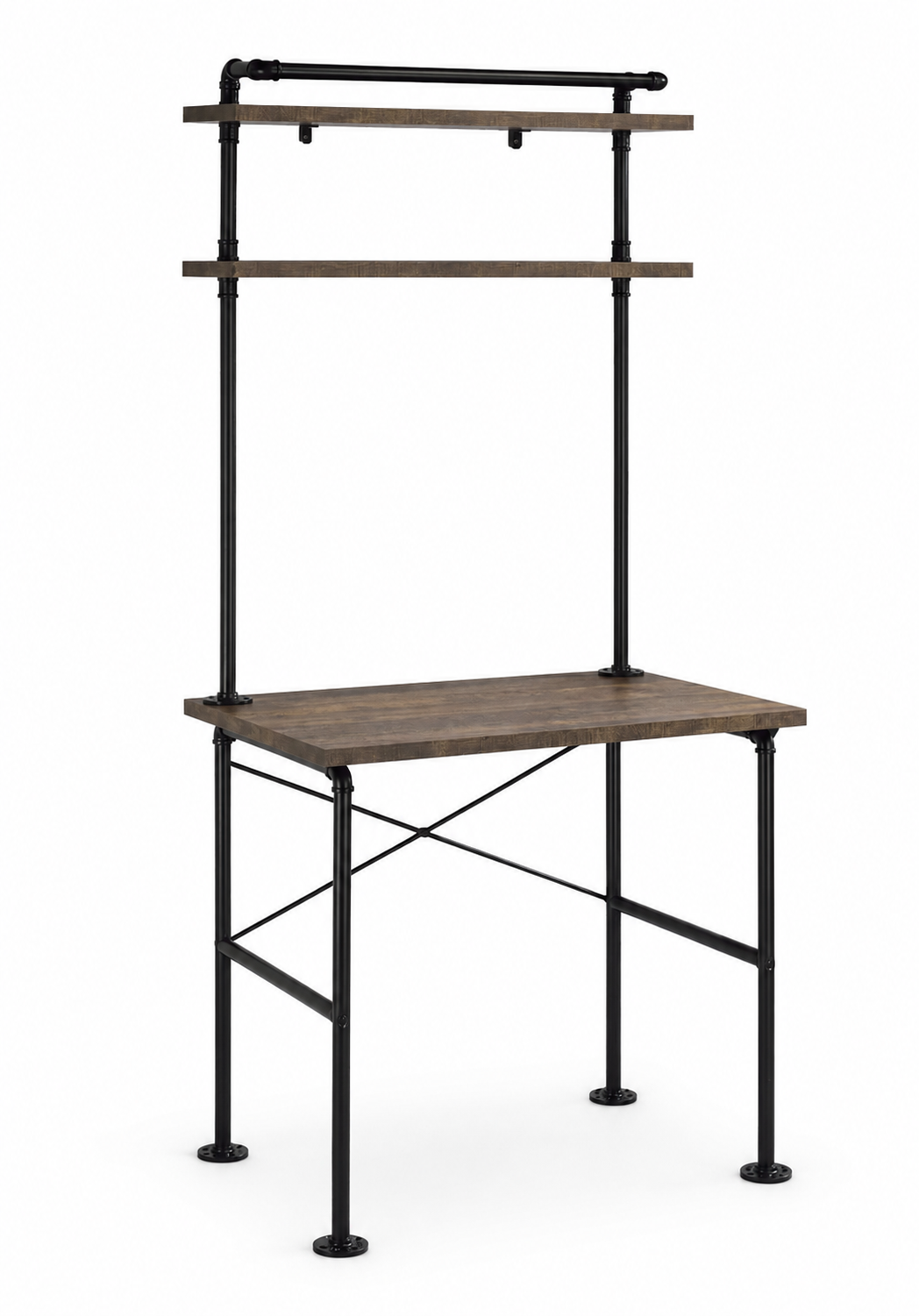 Ensata Rustic Oak & Black Industrial Pipe Writing Desk with 2-Tier Shelving