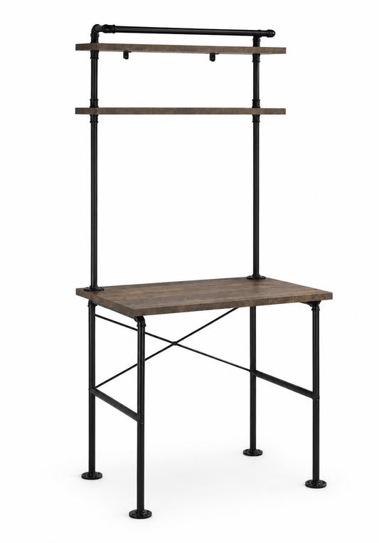Ensata Rustic Oak & Black Industrial Pipe Writing Desk with 2-Tier Shelving