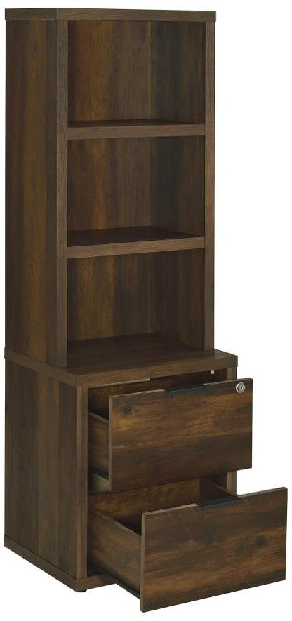 Coaster Westpark Dark Pine bookcase with drawers open