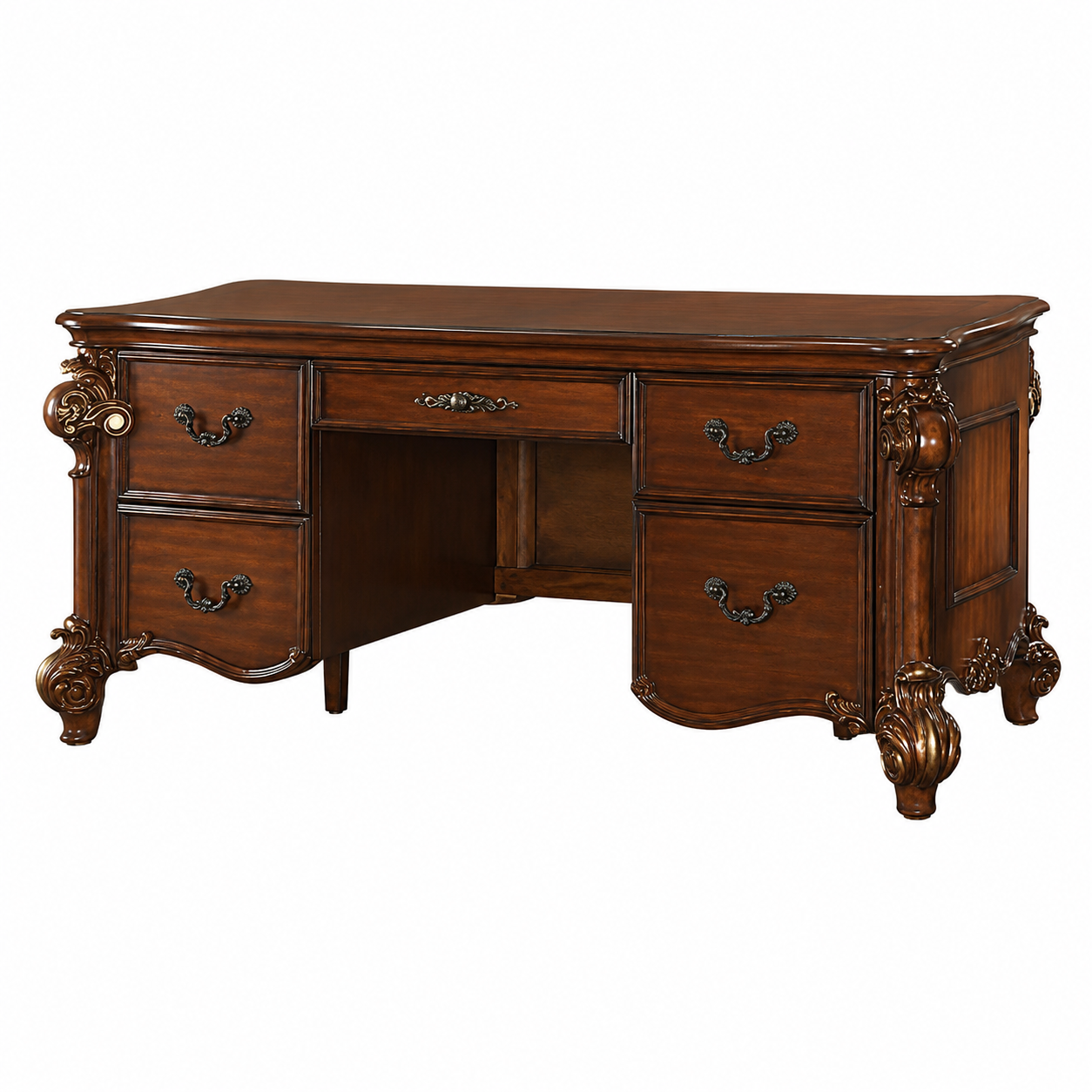 Vendome Executive Writing Desk – Cherry Executive Office Desk with 5 Drawers and Gold Accent Scrollwork