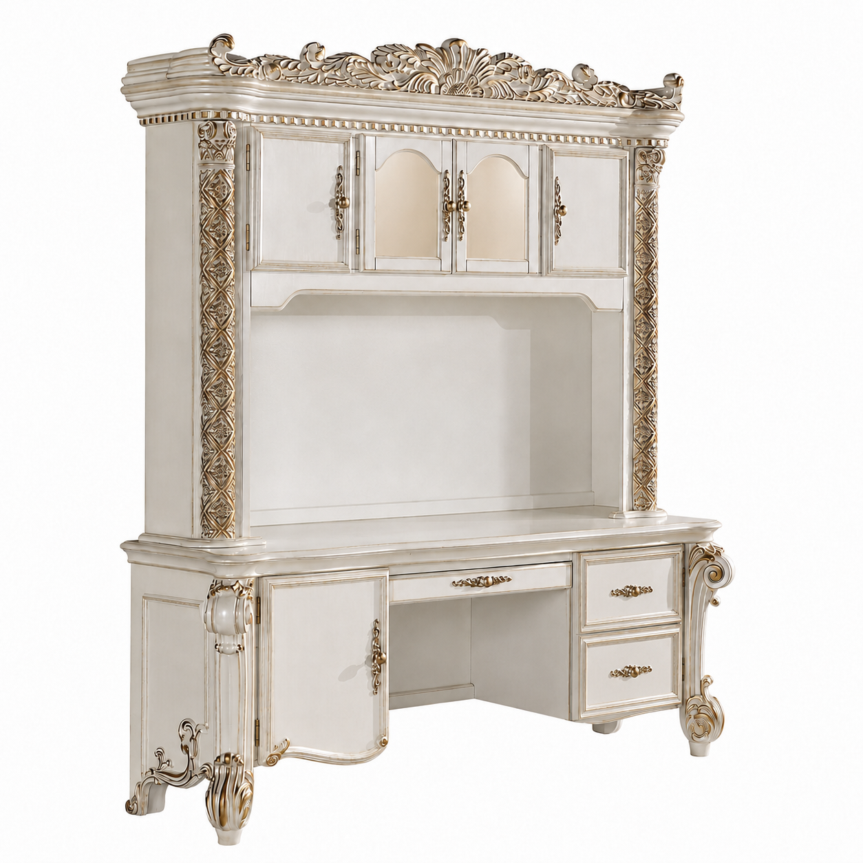 Vendome Computer Desk & Hutch – Antique Pearl Executive Desk with Hutch, Doors, Drawers, and Gold Accent Scrollwork