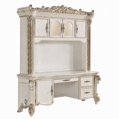 Vendome Computer Desk & Hutch – Antique Pearl Executive Desk with Hutch, Doors, Drawers, and Gold Accent Scrollwork