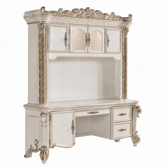 Vendome Computer Desk & Hutch – Antique Pearl Executive Desk with Hutch, Doors, Drawers, and Gold Accent Scrollwork