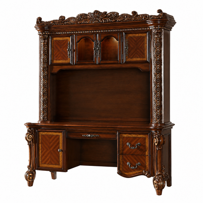 Vendome Computer Desk W/Hutch – Cherry Executive Desk with Storage Hutch, Drawers, Door, and Gold Accent Moldings