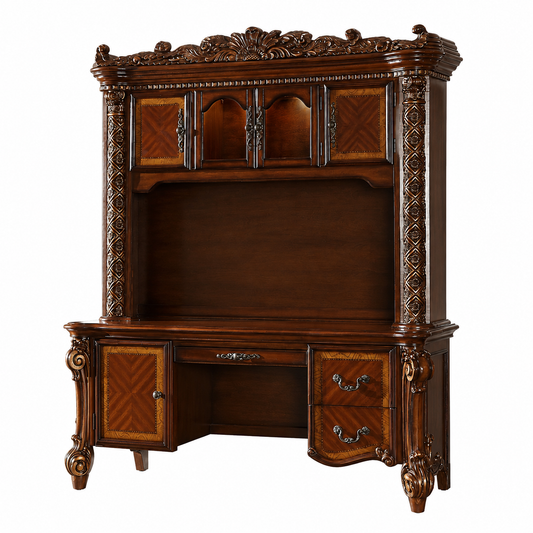 Vendome Computer Desk W/Hutch – Cherry Executive Desk with Storage Hutch, Drawers, Door, and Gold Accent Moldings