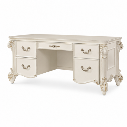 Vendome Executive Writing Desk – Antique Pearl Executive Office Desk with 5 Drawers and Gold Brush Accent Finish